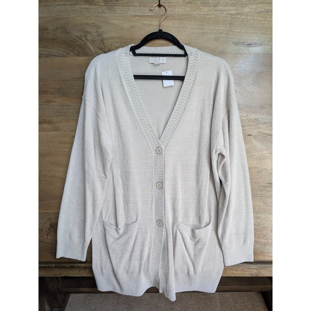 Barefoot Dreams Cardigan Womens L Beige Cozychic Ultra Lite Knit Button Front